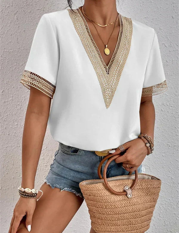V-Neck Lace Eva Top White