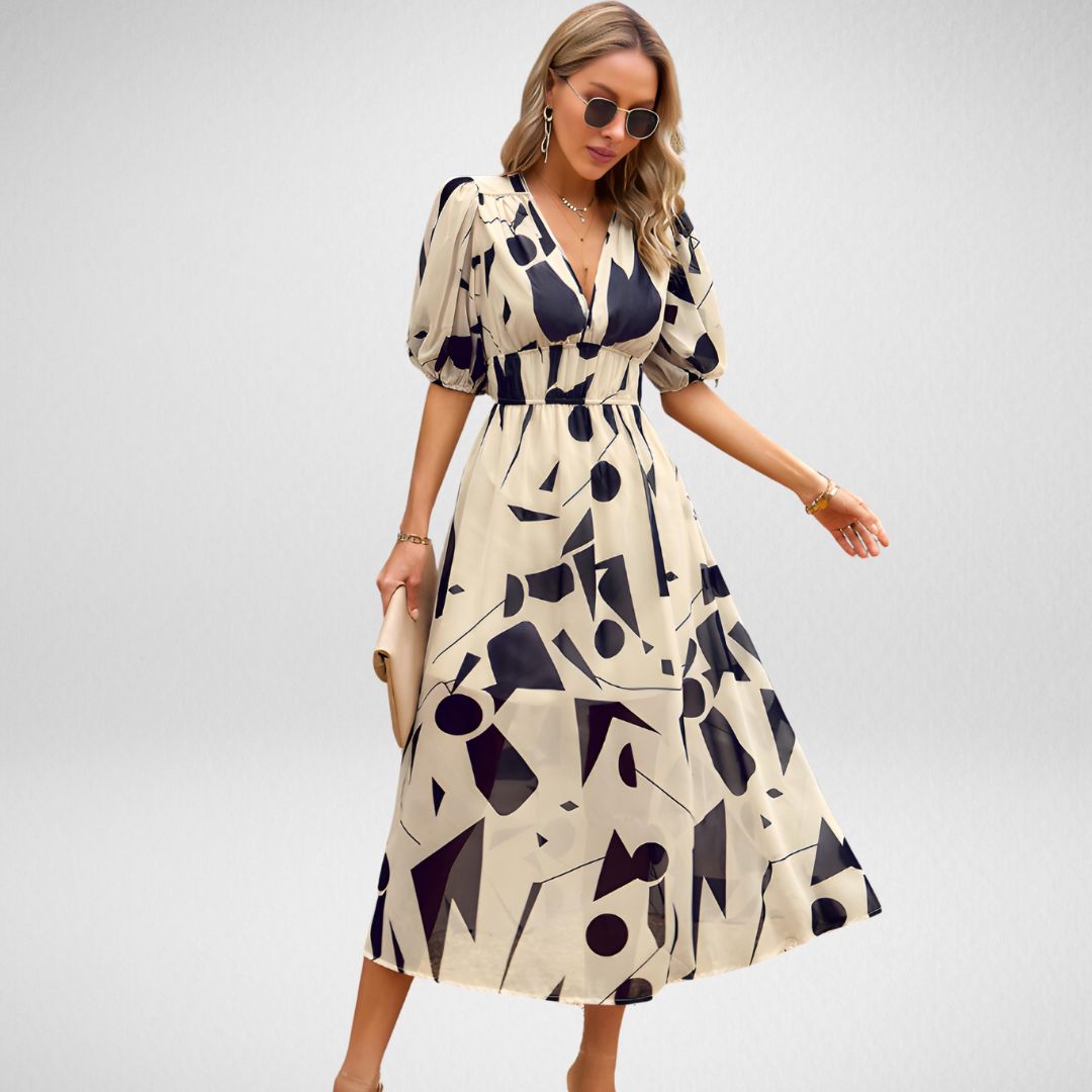 Serena Abstract Pattern Dress Beige