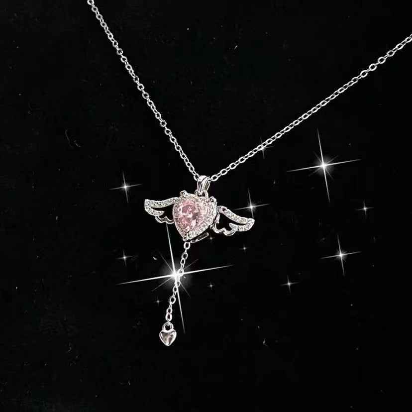 Cupid Heart Angel Wings Necklace – Crystal Tassel Pendant Jewelry Gift for Women