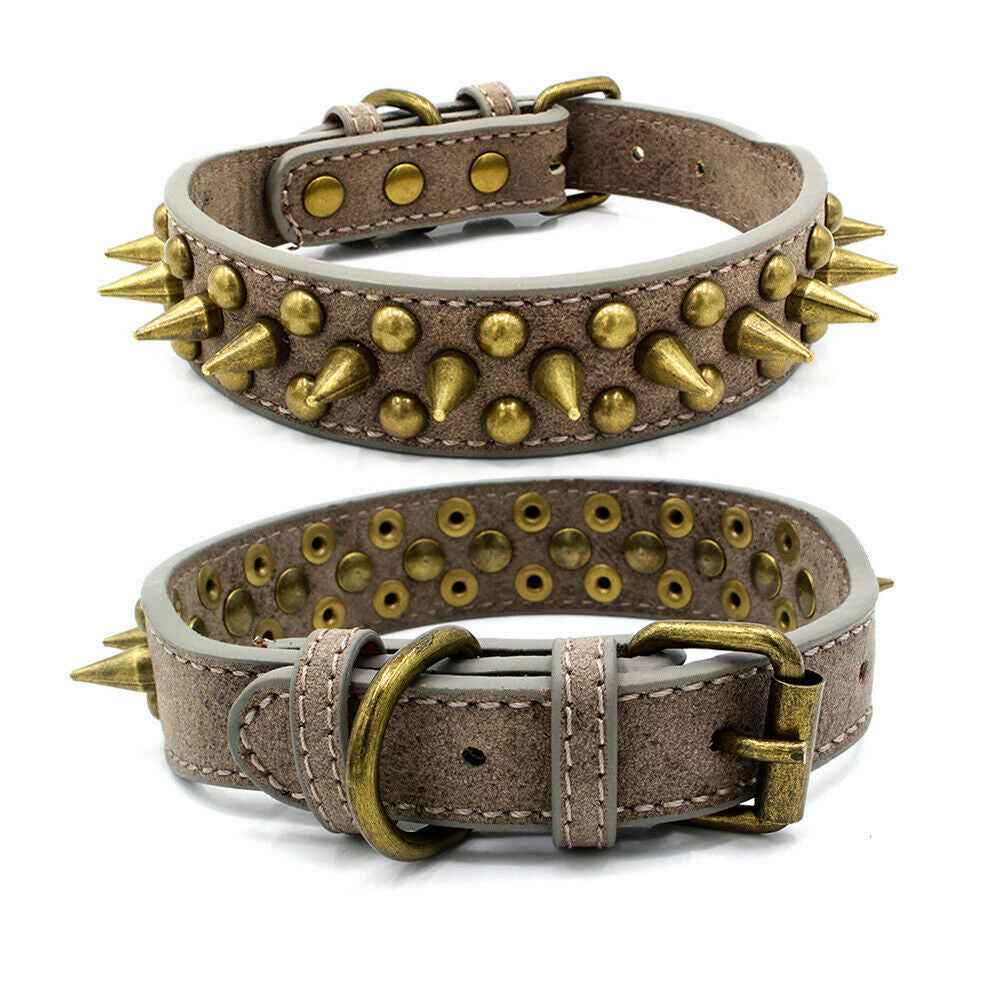 Retro Spiked Dog Collar – PU Leather Adjustable Collar for Large Dogs Gray