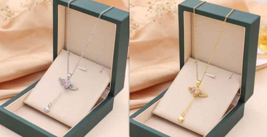Cupid Heart Angel Wings Necklace – Crystal Tassel Pendant Jewelry Gift for Women Set