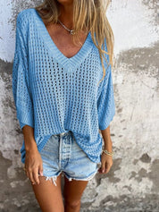 Yvette - V-Neck Blouse with Cut-Out Design Blue