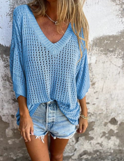 Yvette - V-Neck Blouse with Cut-Out Design Blue