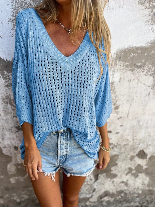 Yvette - V-Neck Blouse with Cut-Out Design Blue
