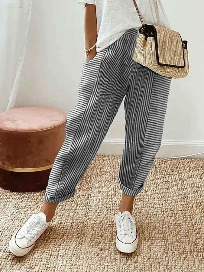 Striped Cotton Trousers With Elastic Waistband Everyday