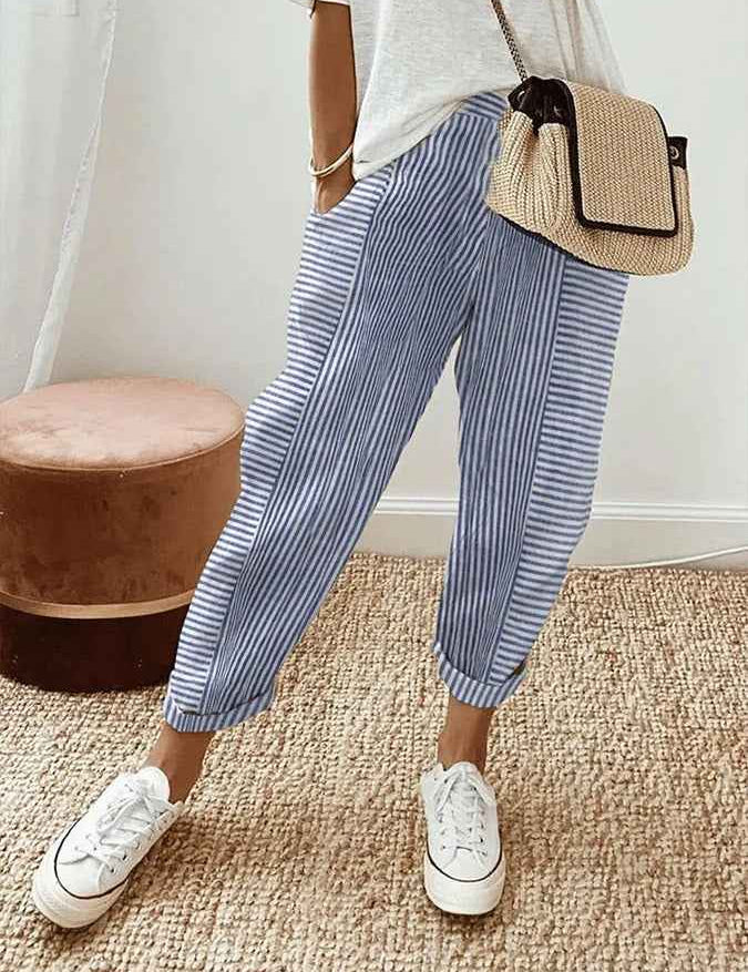 Striped Cotton Trousers With Elastic Waistband Everyday