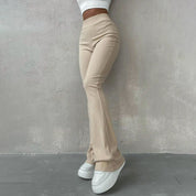 Nancie - High-Waisted Ribbed Flared Trousers Apricot