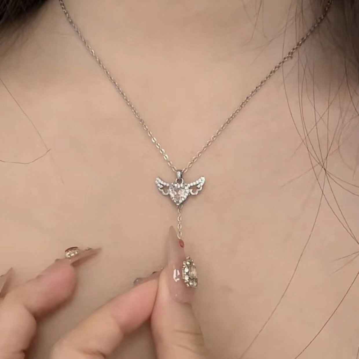Cupid Heart Angel Wings Necklace – Crystal Tassel Pendant Jewelry Gift for Women