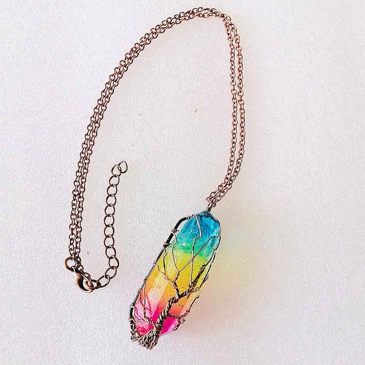 Tree of Life Crystal Pendant Necklace | Healing Stone Jewelry | Familyfinds Colorful chain 1PCS