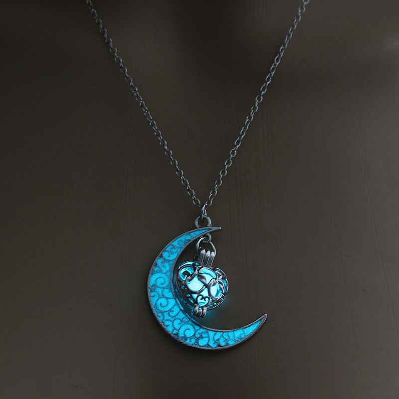 Glowing Pendant Necklace – Luminous Silver Chain Jewelry for Women NY346 Bluegreen