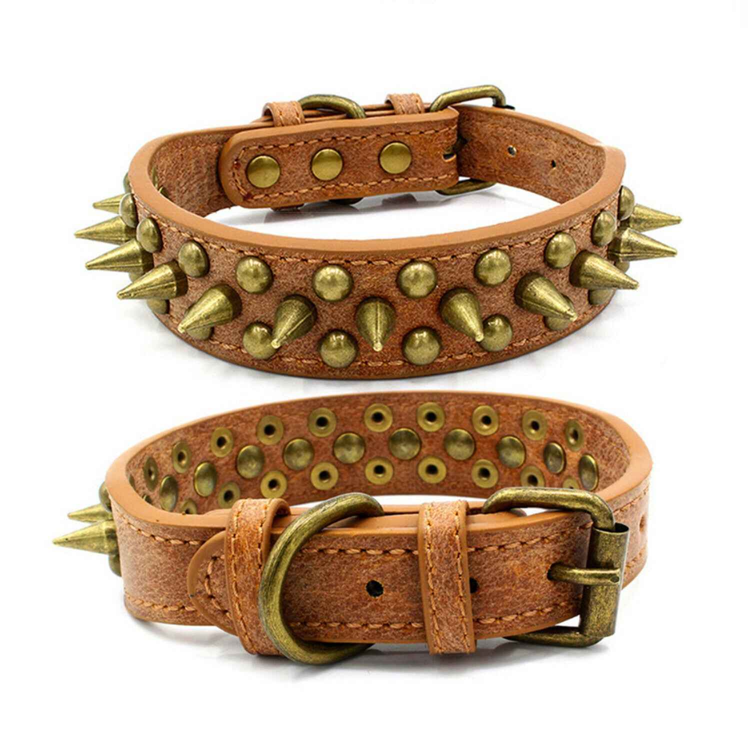 Retro Spiked Dog Collar – PU Leather Adjustable Collar for Large Dogs Brown