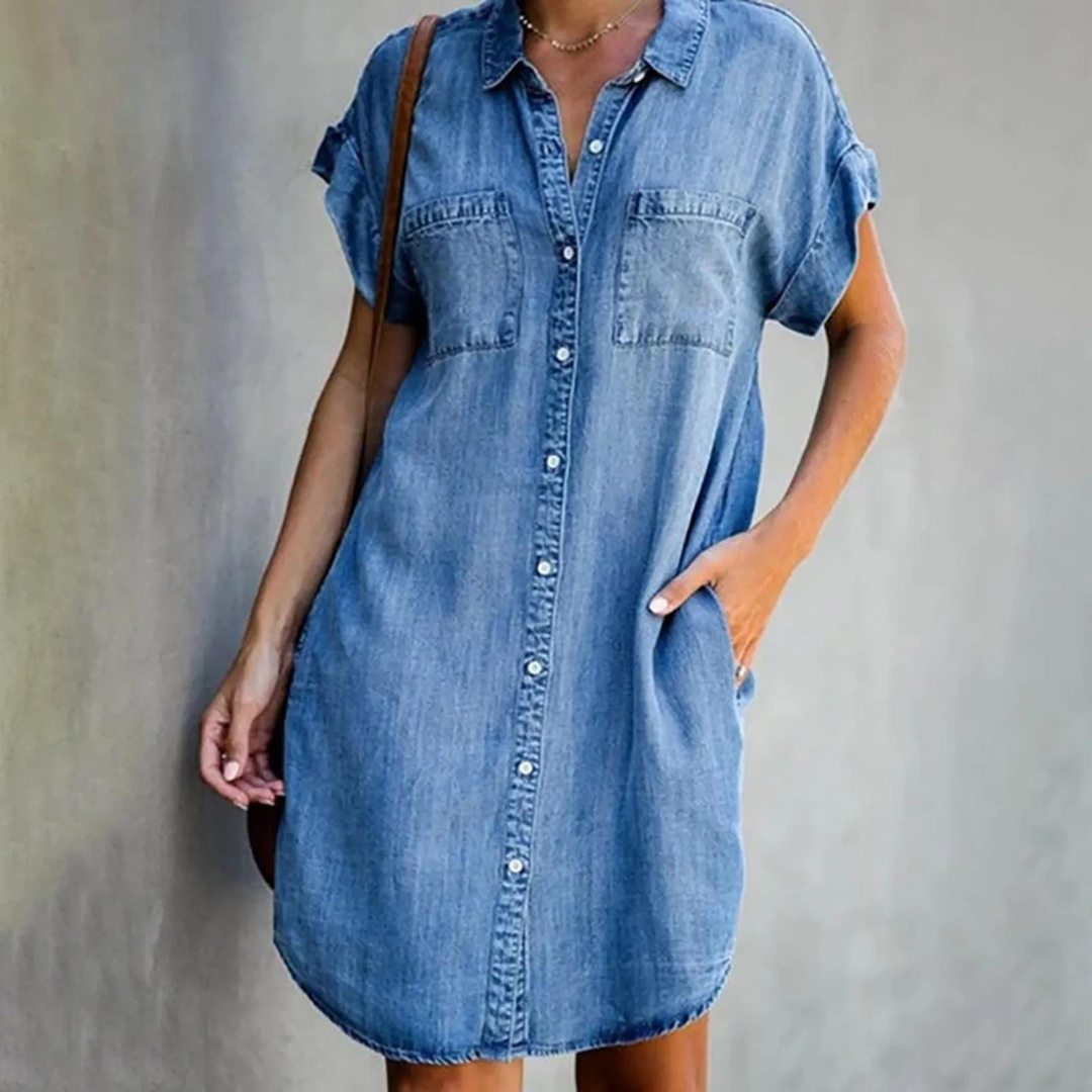 Amelie Denim Shirt Dress" could be rephrased as "Amelie Casual Denim Shirt Dress. Light Blue