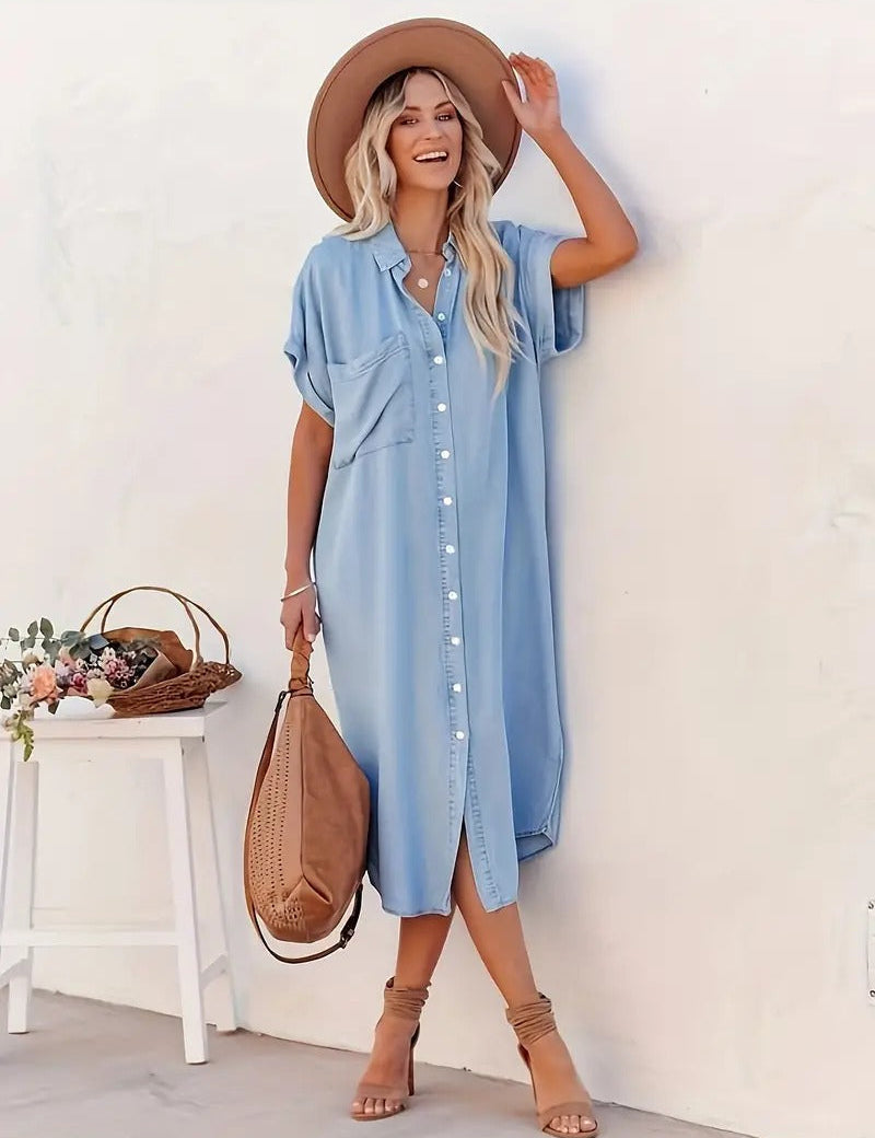 Lina - Batwing Sleeve Denim Dress Light Blue