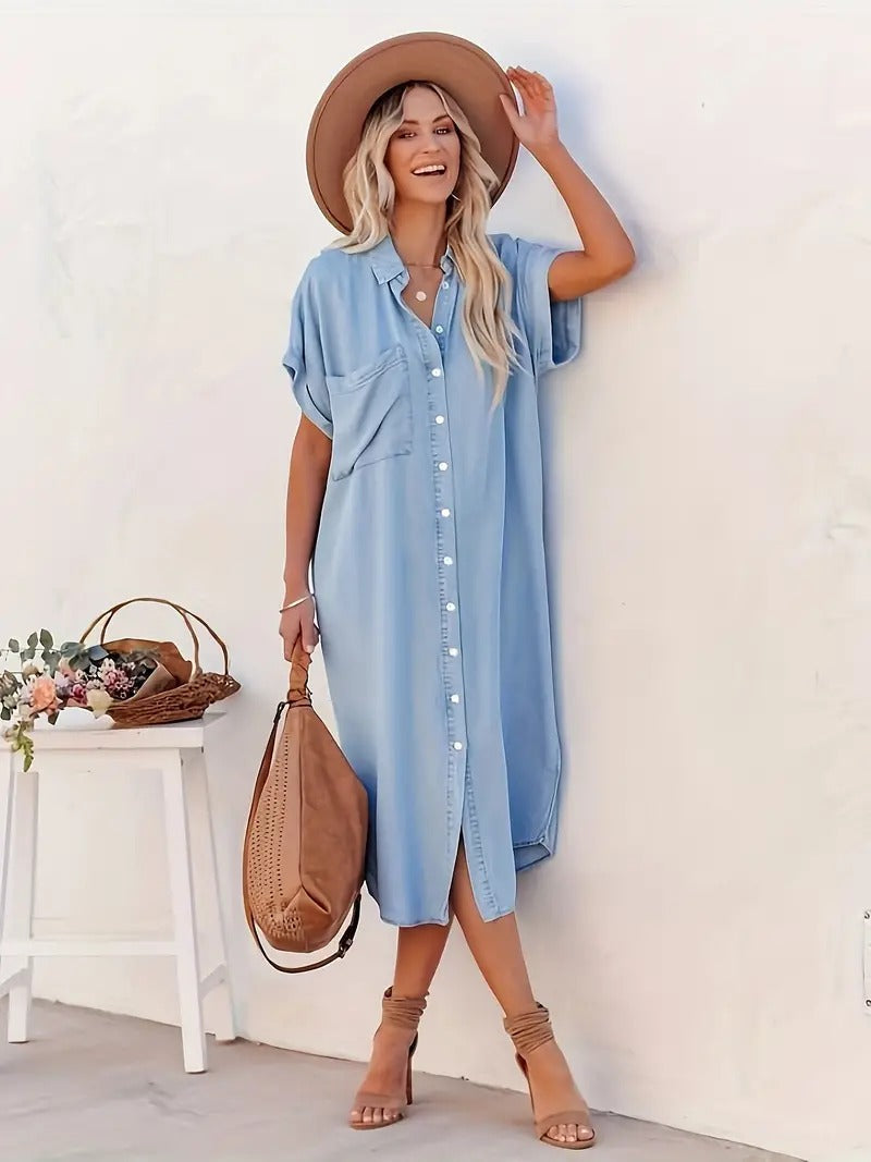 Lina - Batwing Sleeve Denim Dress Light Blue