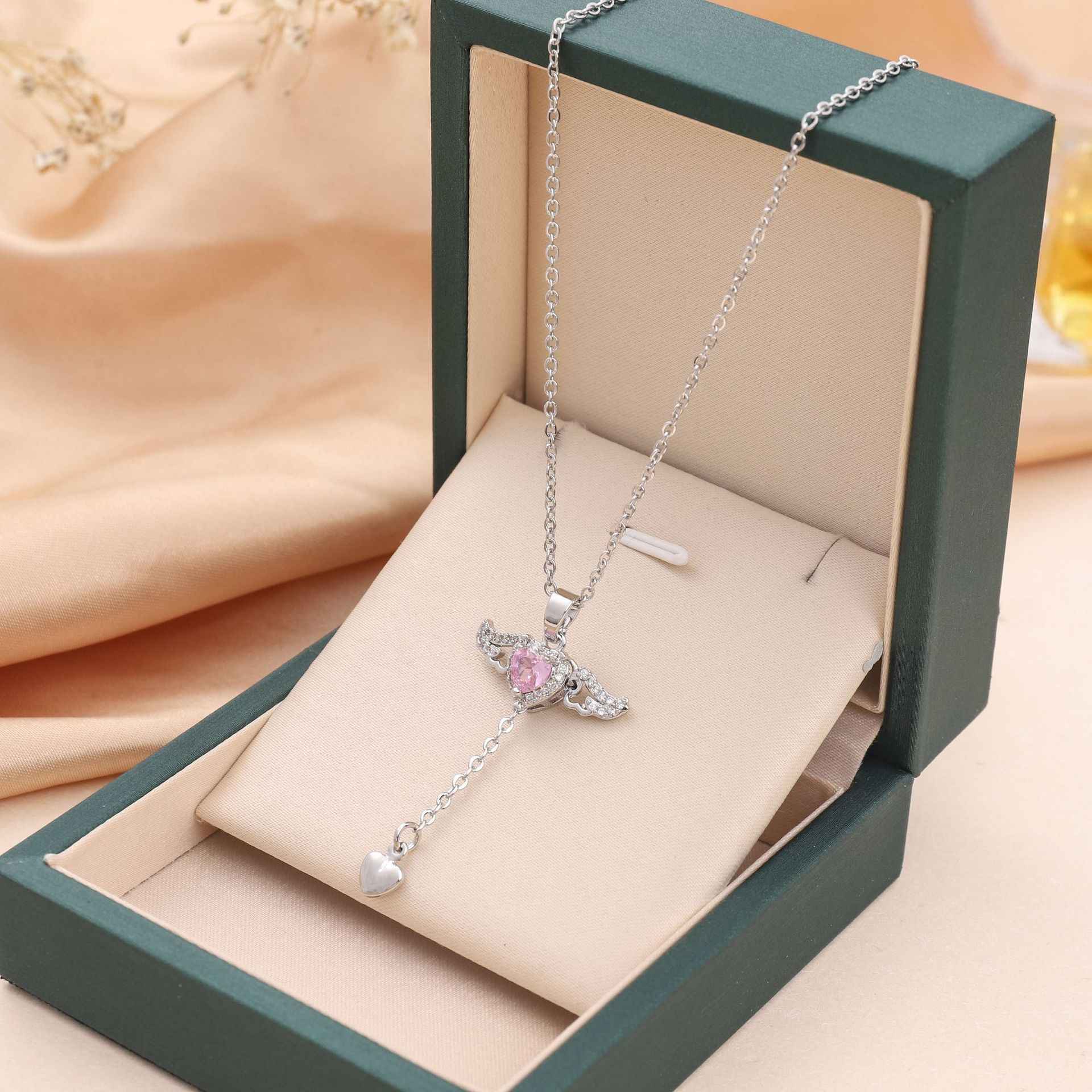 Cupid Heart Angel Wings Necklace – Crystal Tassel Pendant Jewelry Gift for Women Silver