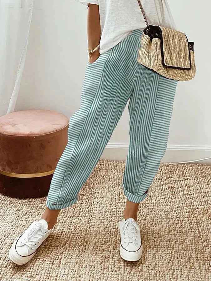 Striped Cotton Trousers With Elastic Waistband Everyday