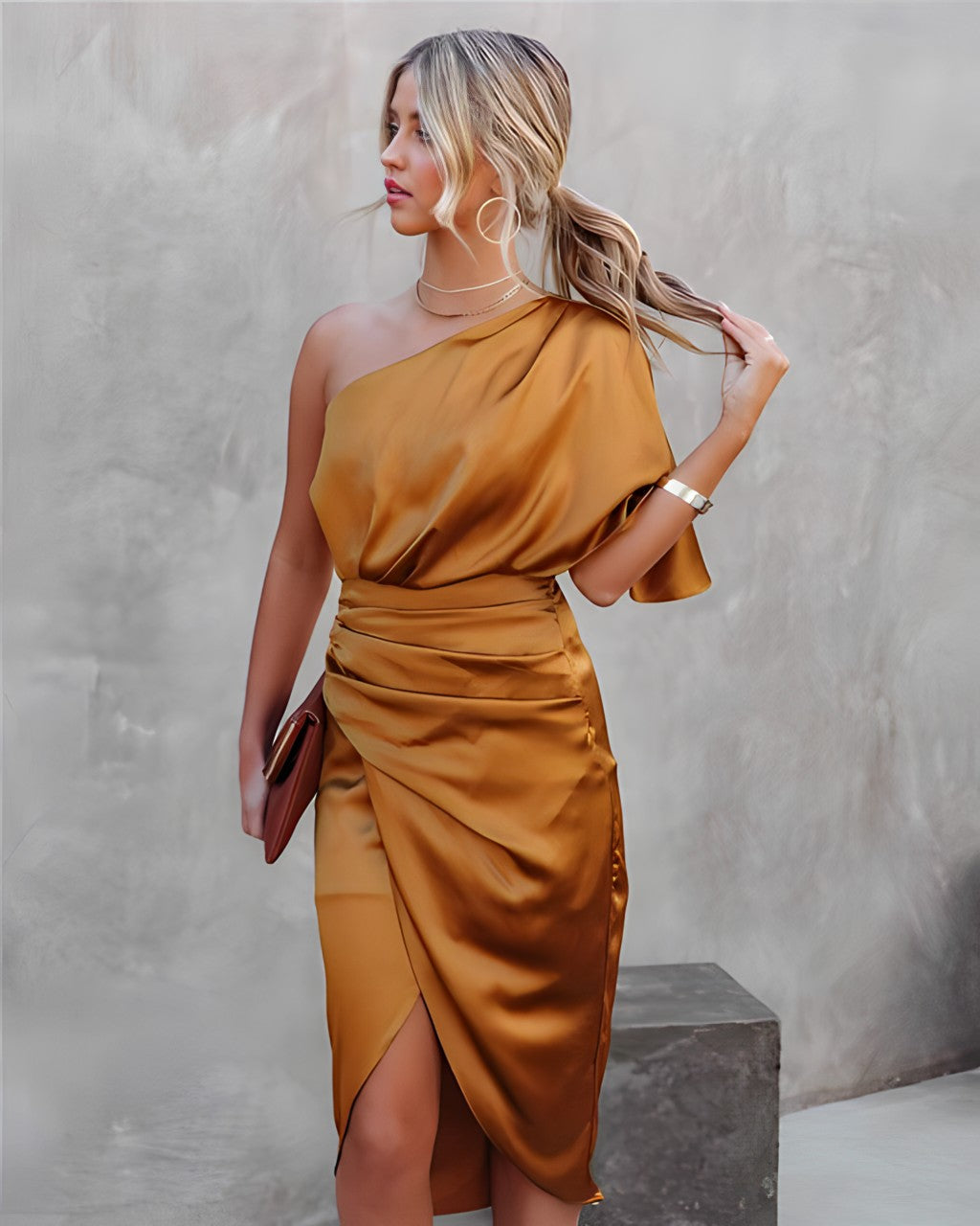 Amira Asymmetrical One-Sleeve Party Dress Orange