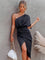 Amira Asymmetrical One-Sleeve Party Dress Black