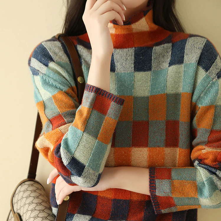 Soft Wool Turtleneck Sweater With Melange Color Accents - New Family Finds