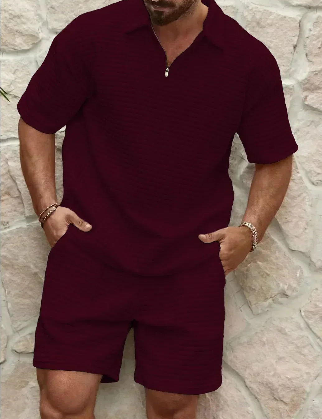 Leopold Short-Sleeve Polo and Shorts Combo Burgundy red