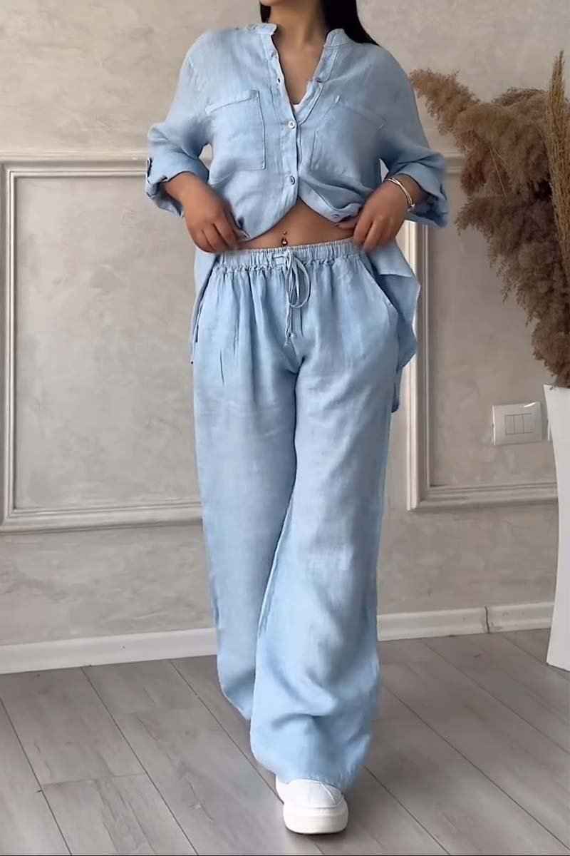 Cotton Linen Shirt And Trousers Set Two Piece Outfit