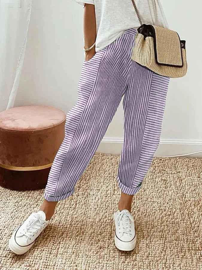 Striped Cotton Trousers With Elastic Waistband Everyday