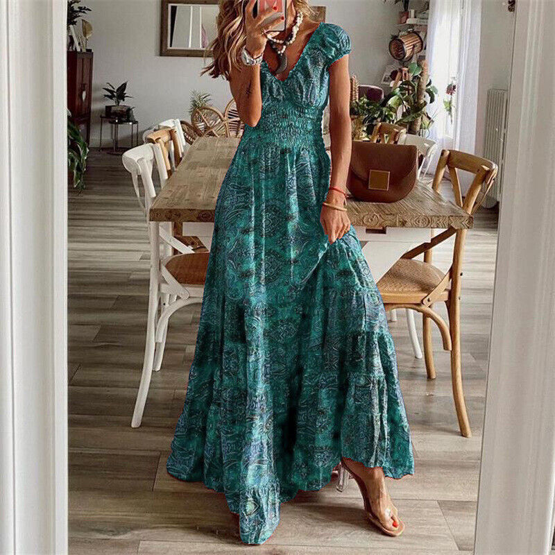 Noa - Short Sleeve Boho Dress Green