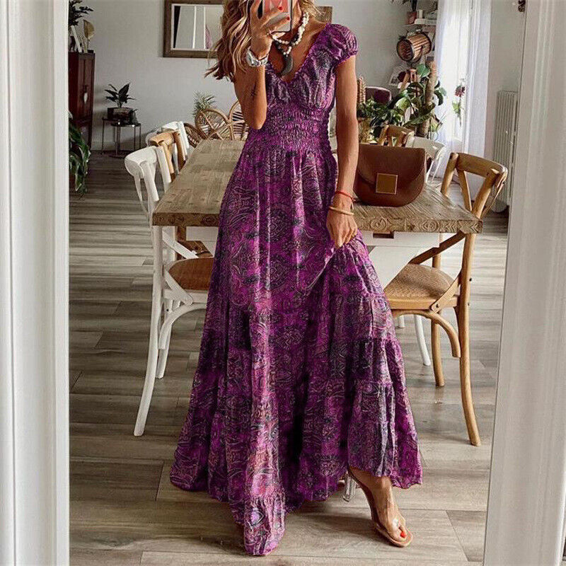 Noa - Short Sleeve Boho Dress Purple