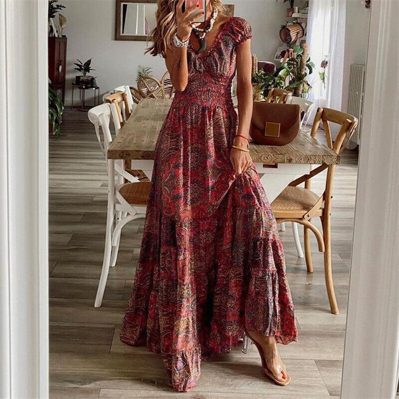 Noa - Short Sleeve Boho Dress Red