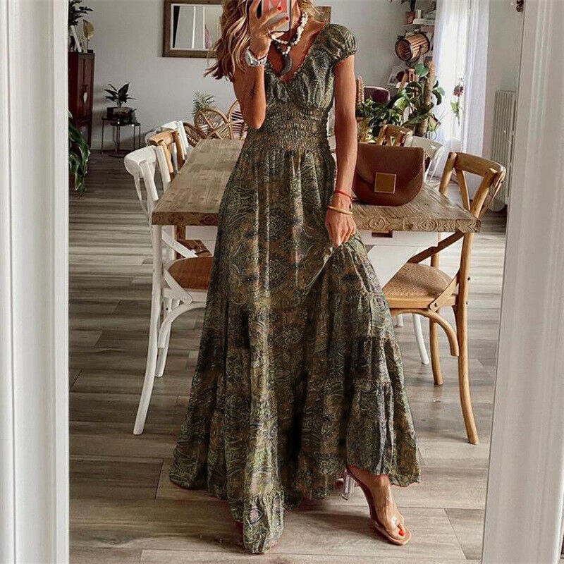 Noa - Short Sleeve Boho Dress Coffee