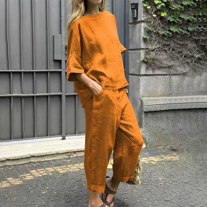 Casual Cotton Linen Two Piece Set Breathable Relaxed Fit