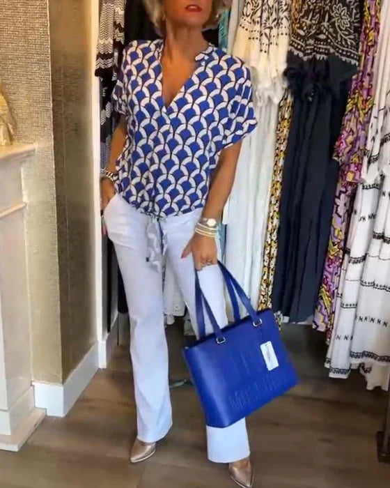 Miley - Printed Casual Blouse Blue