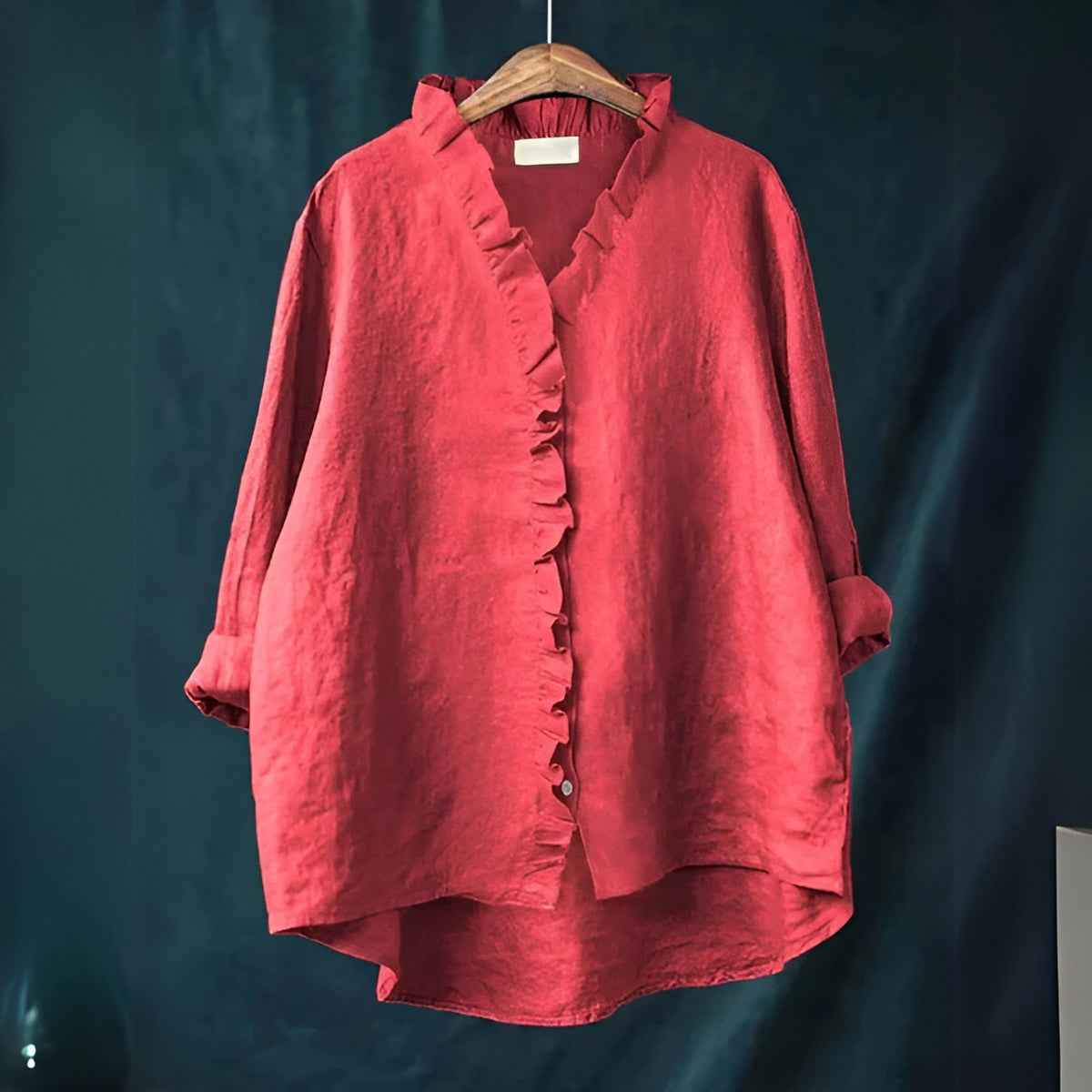 Ruffled Button Front Linen Blouse With Breathable Fit