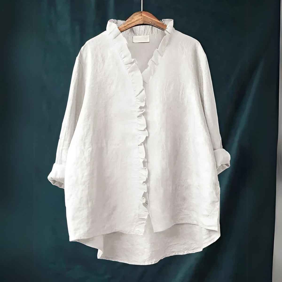 Ruffled Button Front Linen Blouse With Breathable Fit
