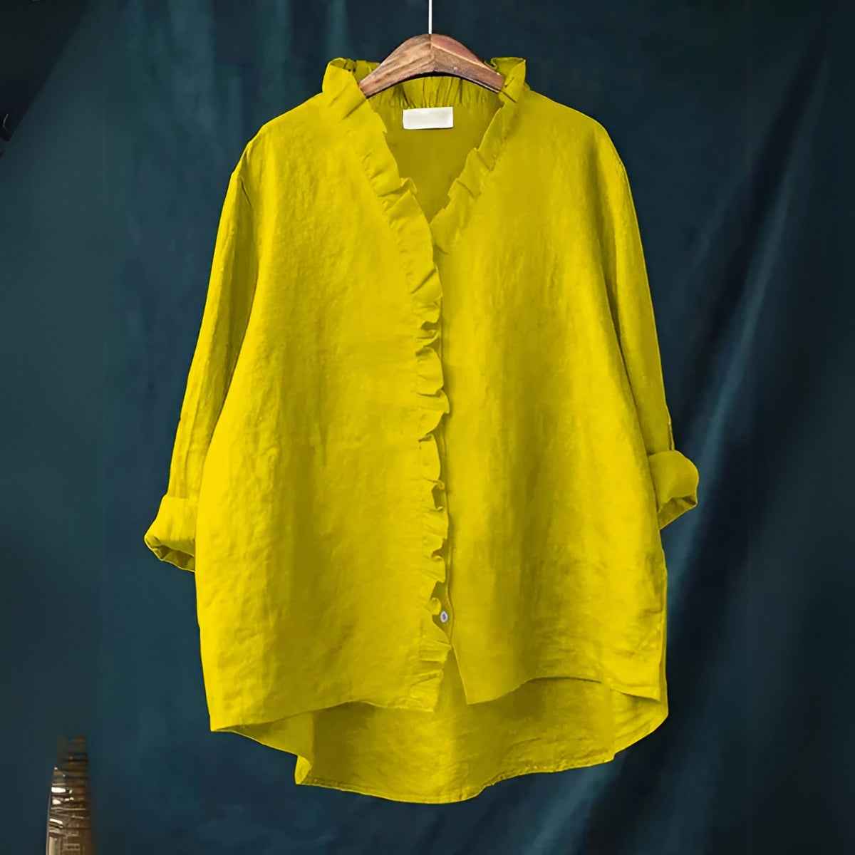 Ruffled Button Front Linen Blouse With Breathable Fit