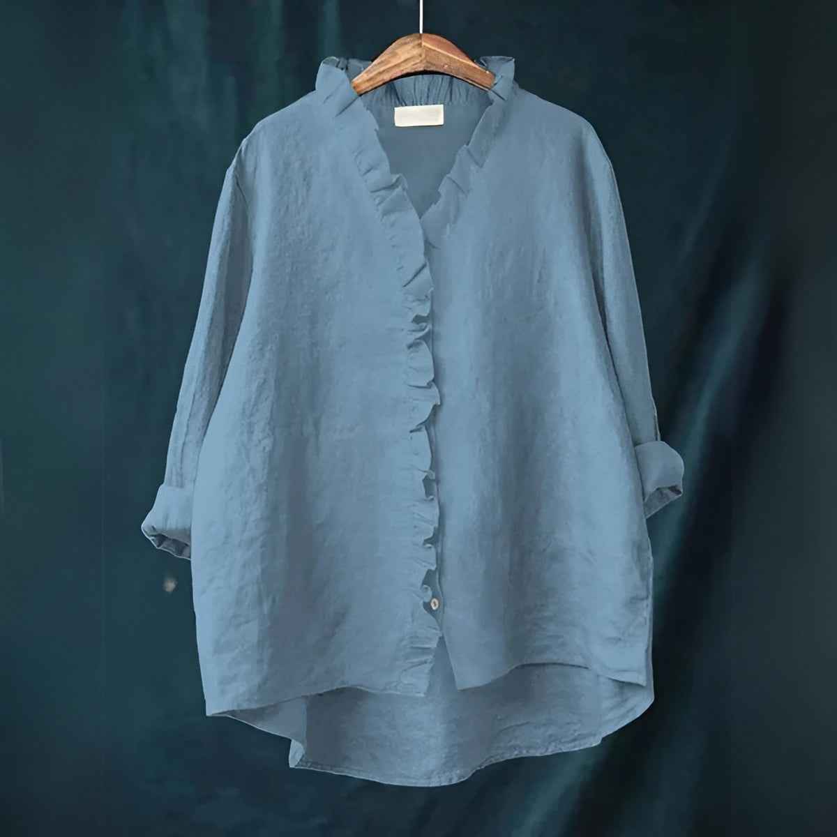 Ruffled Button Front Linen Blouse With Breathable Fit
