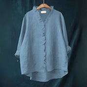 Ruffled Button Front Linen Blouse With Breathable Fit