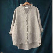 Ruffled Button Front Linen Blouse With Breathable Fit